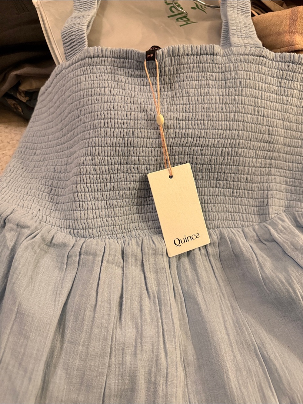 Quince Light Blue Smocked Strap Midi Dress